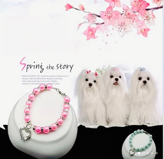 Small Dog/Cat Spring The Story Perl necklace with Rhinestone Heart Pendant (Green)